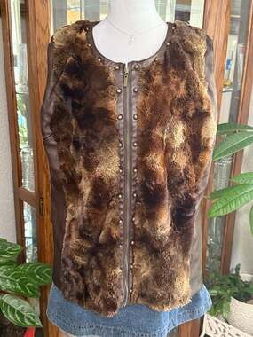 Reba Brown Faux Fur and Faux Leather Studded Zip-Up Vest
